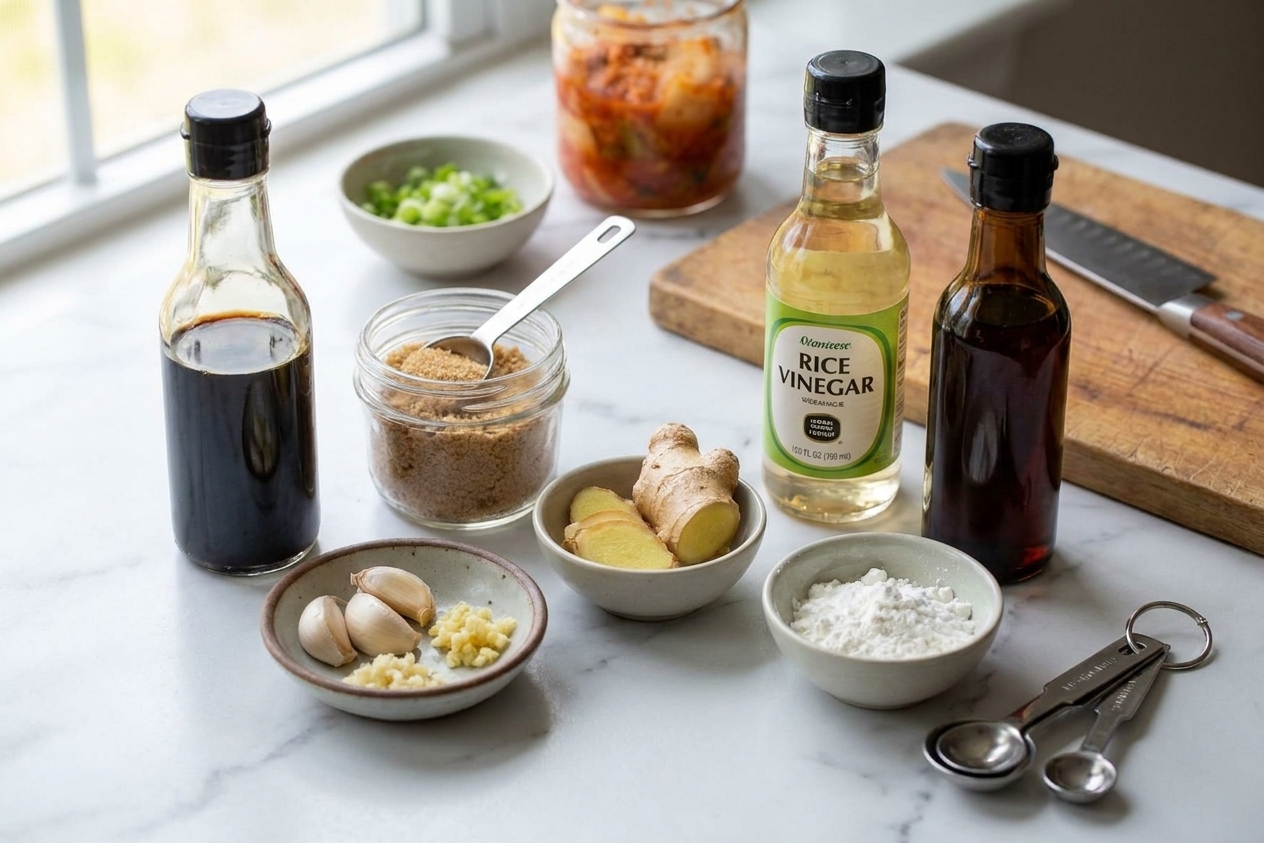 Soy sauce, brown sugar, garlic, ginger, rice vinegar, sesame oil, and cornstarch arranged on a tidy kitchen counter with measuring spoons