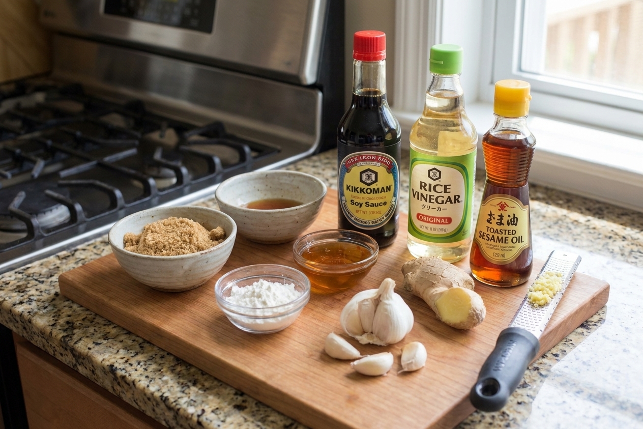 Soy sauce, brown sugar, honey, rice vinegar, sesame oil, garlic, ginger, and cornstarch arranged on a tidy kitchen counter