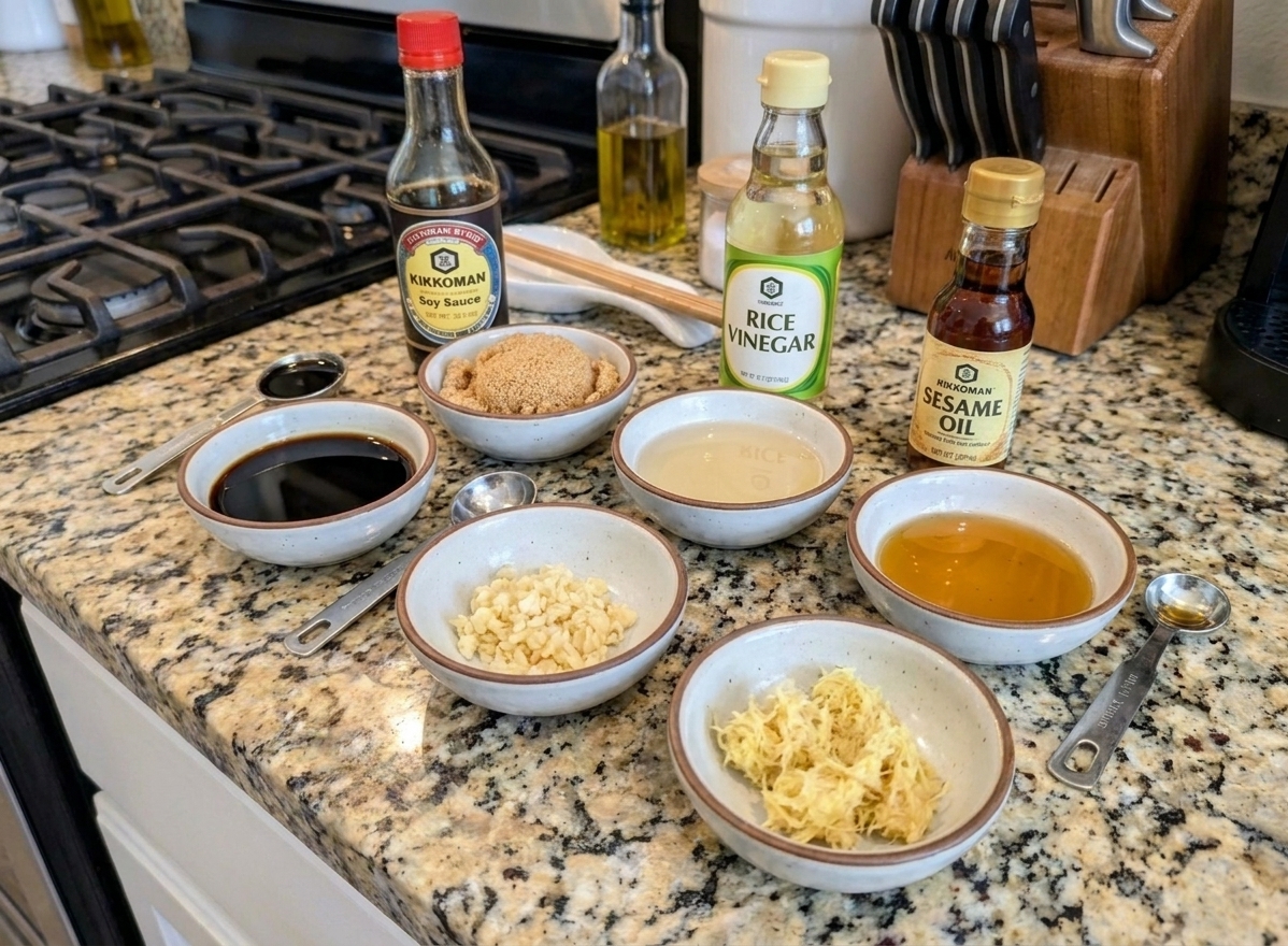 Soy sauce, brown sugar, rice vinegar, sesame oil, minced garlic, and grated ginger measured in small bowls on a kitchen counter