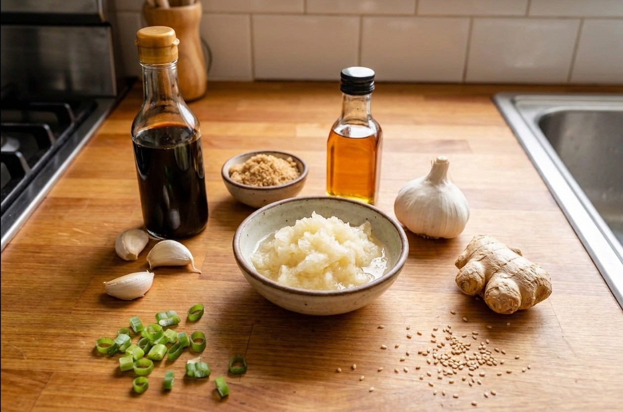 Soy sauce, brown sugar, sesame oil, grated pear, garlic, ginger, and sliced scallions arranged on a kitchen counter ready to make bulgogi sauce
