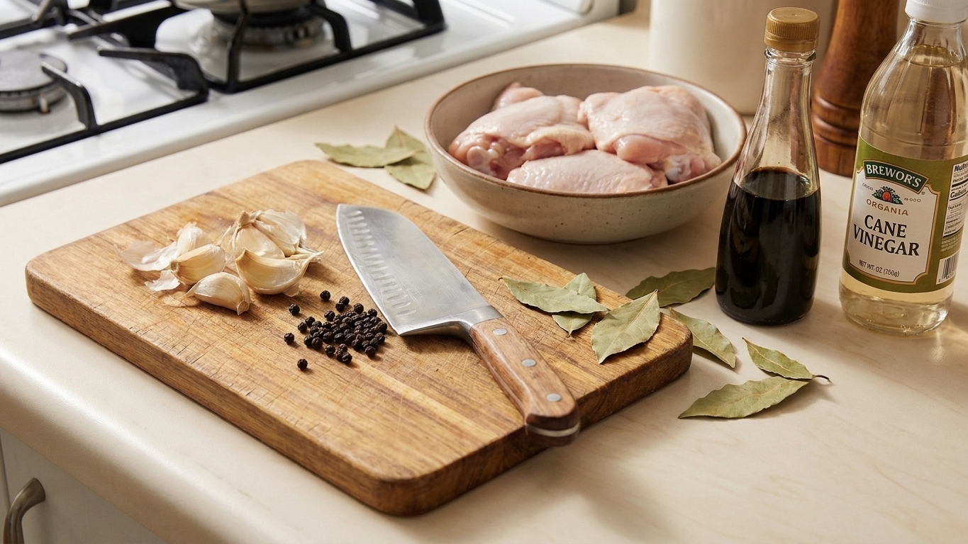 Soy sauce, cane vinegar, garlic, bay leaves, whole peppercorns, and chicken thighs arranged on a home kitchen counter with warm natural light