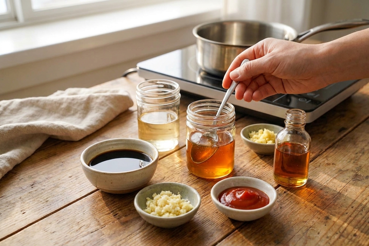 Soy sauce, honey, rice vinegar, garlic, ginger, ketchup, and sesame oil arranged on a kitchen counter, ready for cooking