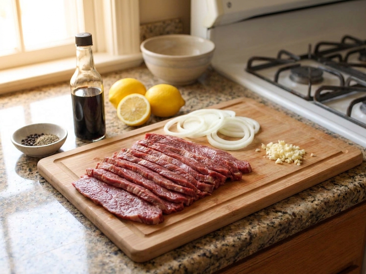 Soy sauce, lemons, sliced onions, garlic, black pepper, and thinly sliced beef arranged on a clean kitchen counter in warm natural light