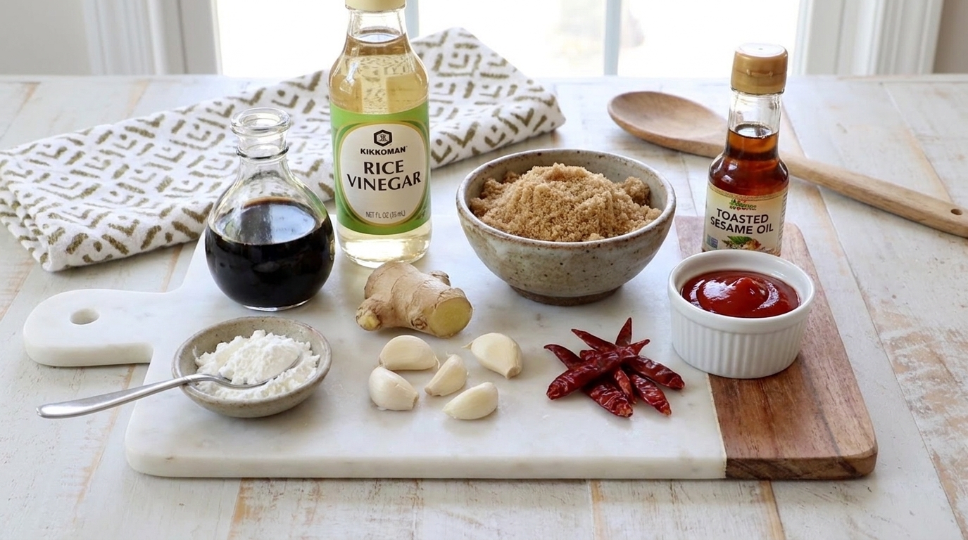 Soy sauce, rice vinegar, brown sugar, garlic, ginger, cornstarch, dried chiles, ketchup, and sesame oil arranged on a light kitchen counter