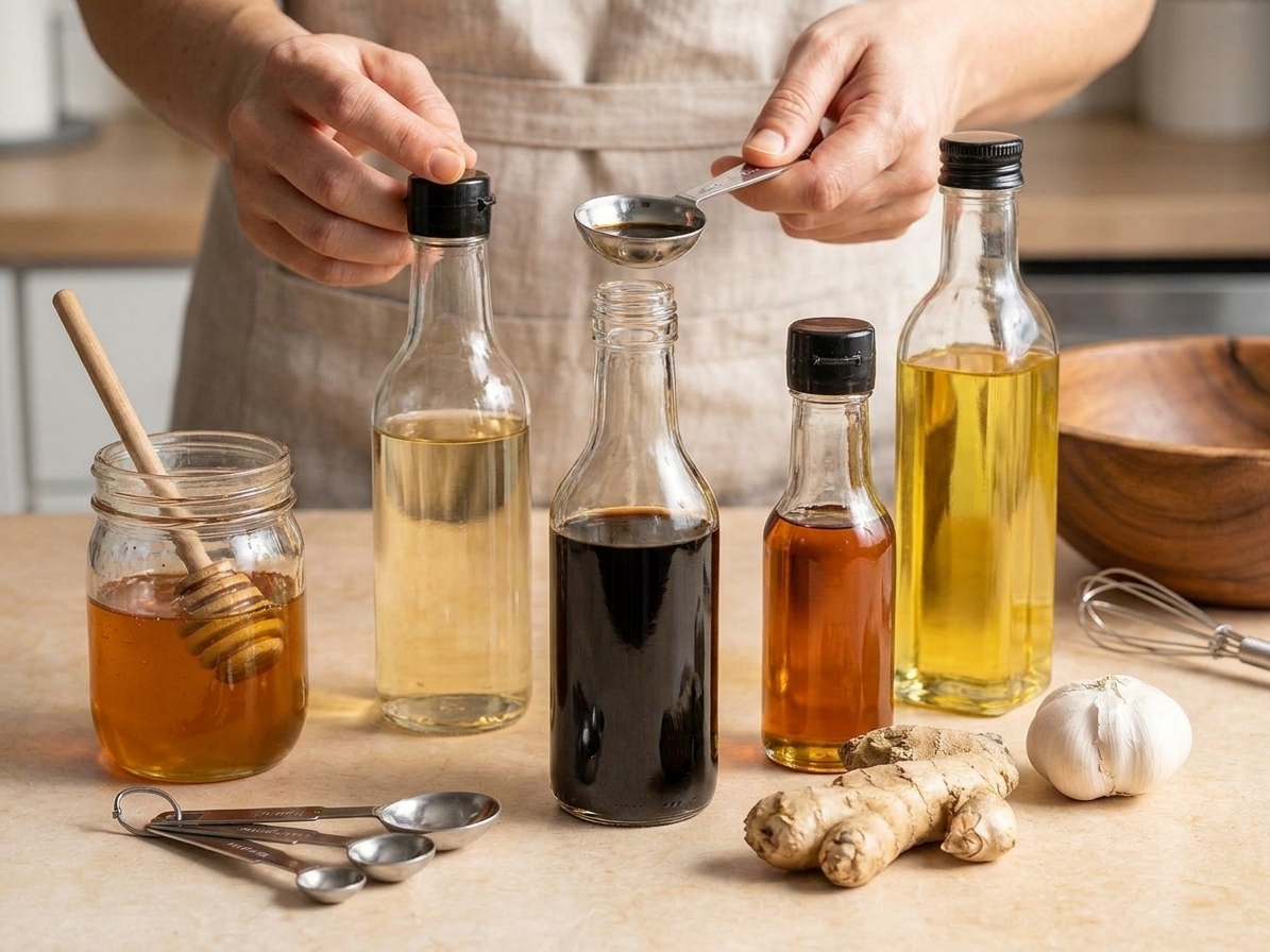 Soy sauce, rice vinegar, toasted sesame oil, honey, fresh ginger, garlic, and neutral oil arranged on a bright kitchen counter with measuring spoons