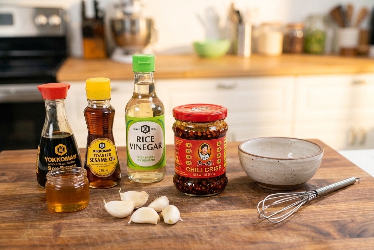 Soy sauce, toasted sesame oil, rice vinegar, honey, garlic, and chili crisp arranged on a home kitchen counter with a small whisk and bowl