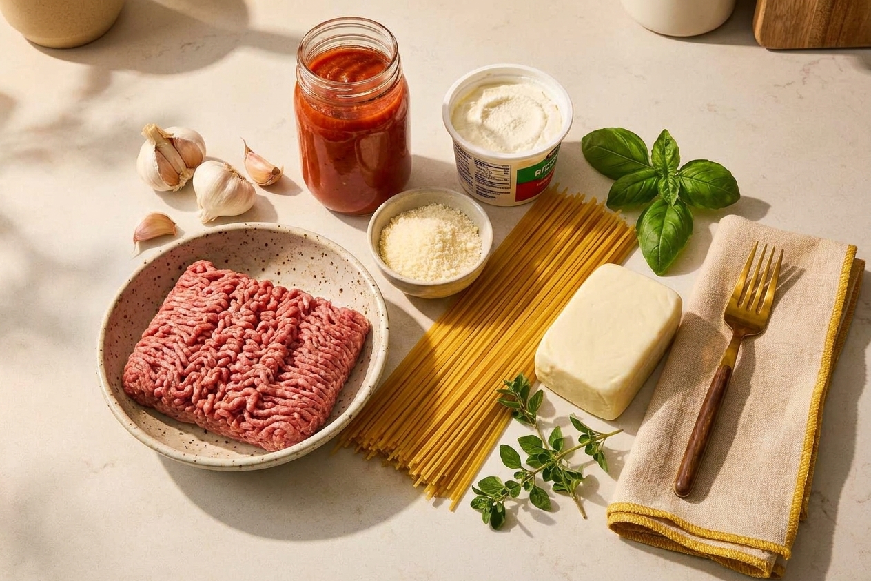 Spaghetti bake ingredients laid out on a kitchen counter including dry spaghetti, ground beef, marinara sauce, ricotta, mozzarella, parmesan, garlic, and herbs