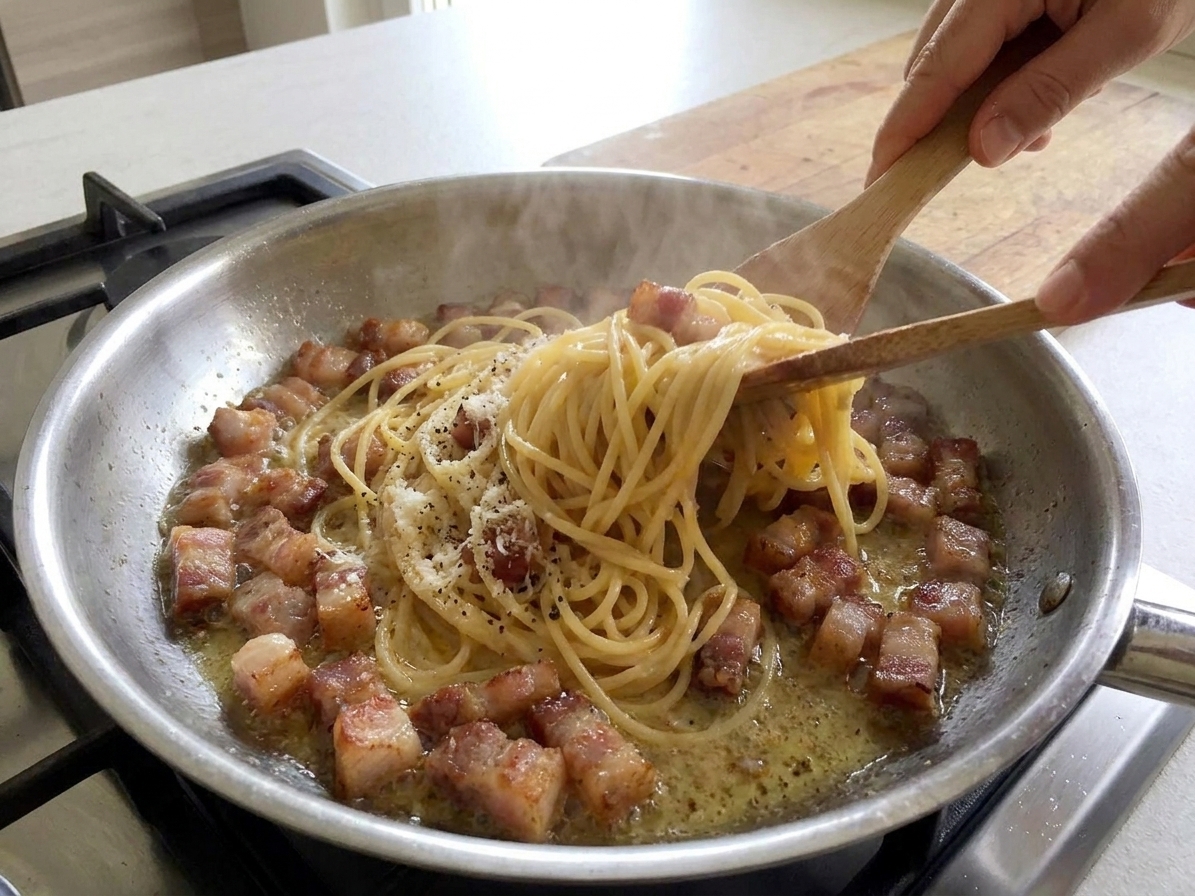 Spaghetti being tossed as the egg and cheese mixture melts into a glossy sauce with guanciale throughout