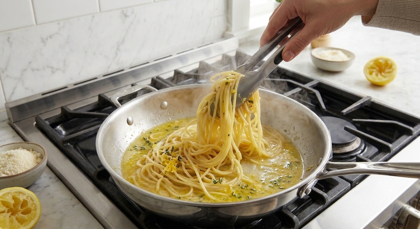 Spaghetti being tossed in a large skillet with a glossy butter sauce on a home stove, with steam rising