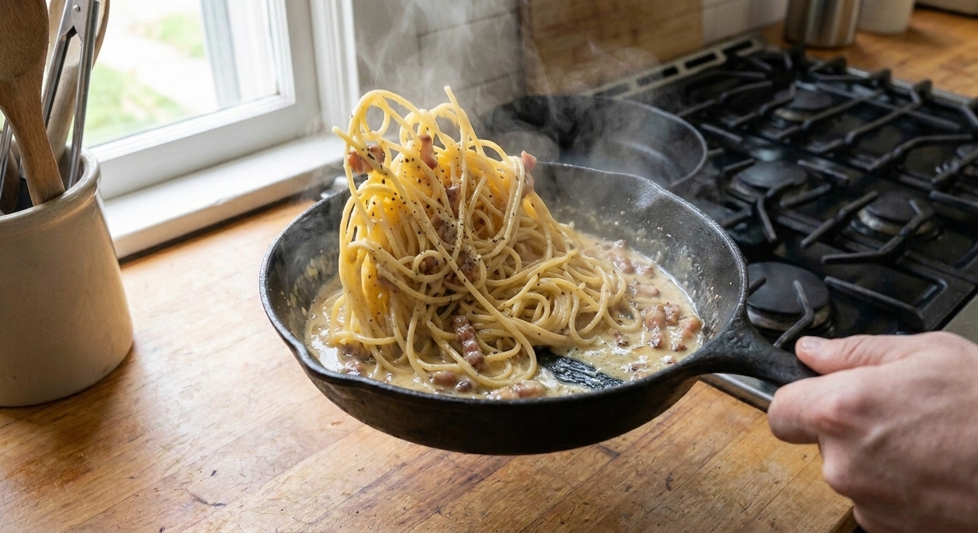 Spaghetti being tossed in a skillet as the carbonara sauce turns glossy, with visible steam and black pepper throughout