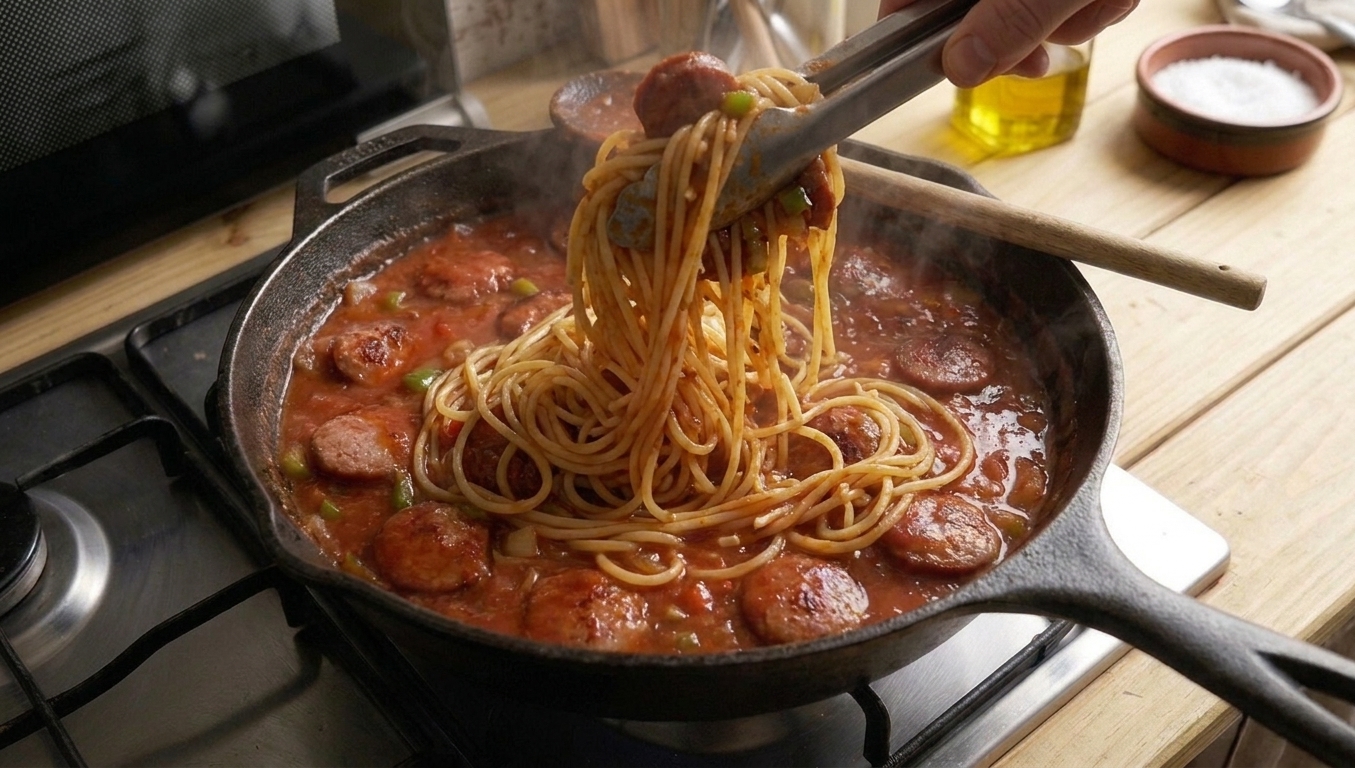 Spaghetti being tossed in a skillet with Cajun tomato sauce and sausage using tongs, noodles turning glossy and red