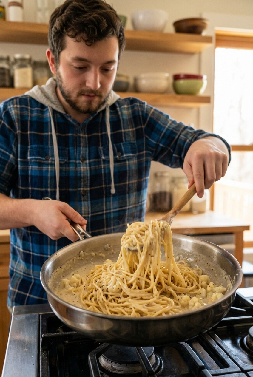 Spaghetti being tossed in a skillet with a creamy cauliflower cacio e pepe sauce