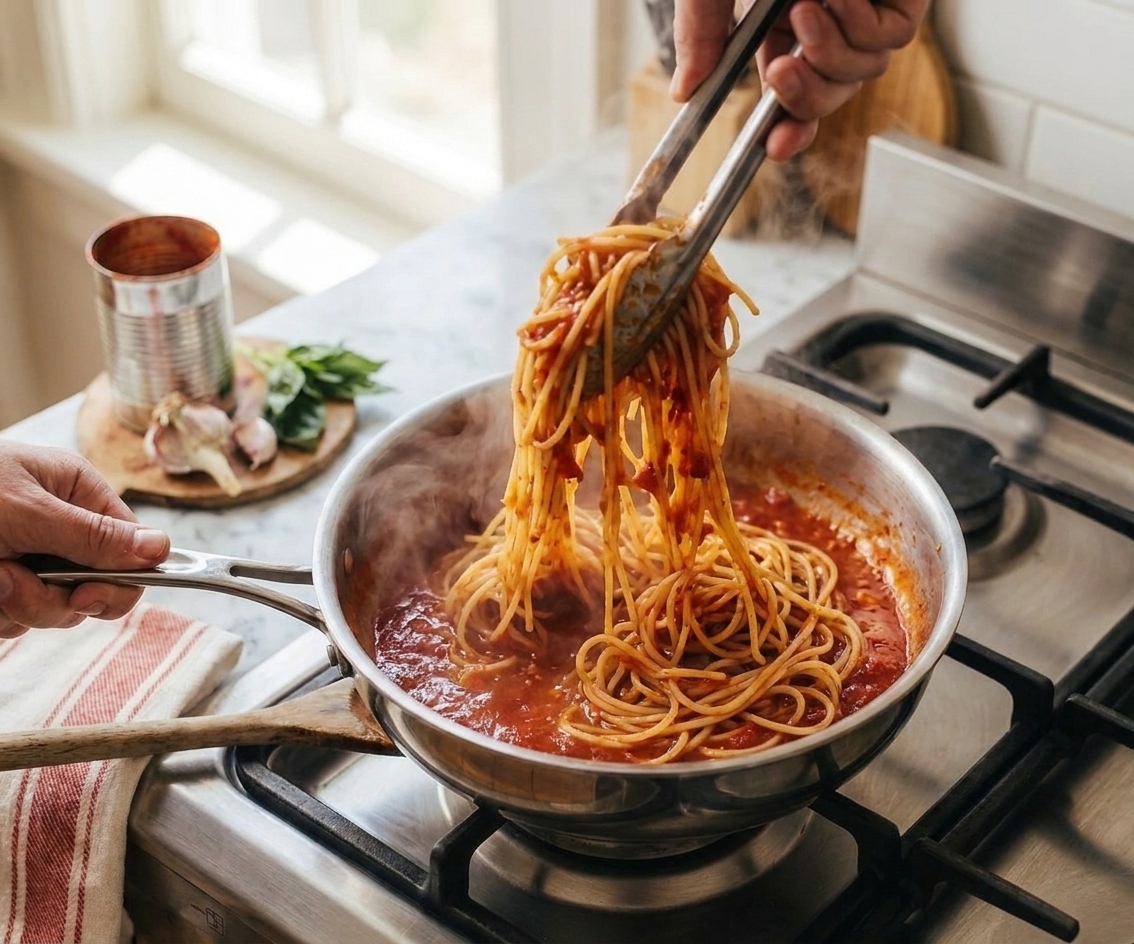 Spaghetti being tossed in a skillet with bright red pomodoro sauce using tongs, with steam rising in a cozy home kitchen