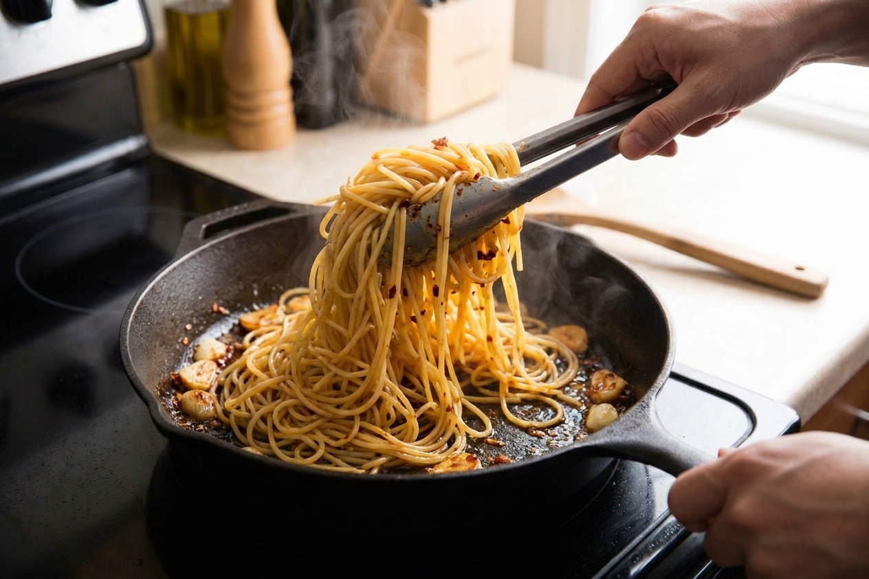 Spaghetti being tossed in a skillet with chili crisp garlic butter sauce using metal tongs
