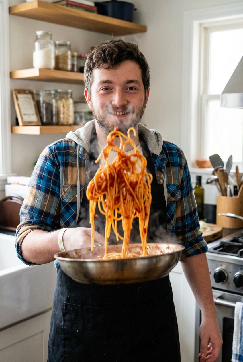 Spaghetti being tossed in a skillet with classic red pasta sauce