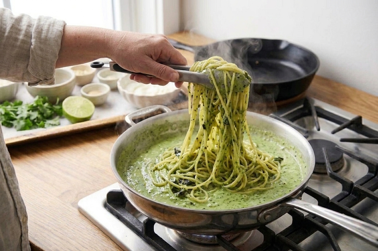 Spaghetti being tossed in a skillet with creamy green sauce using tongs