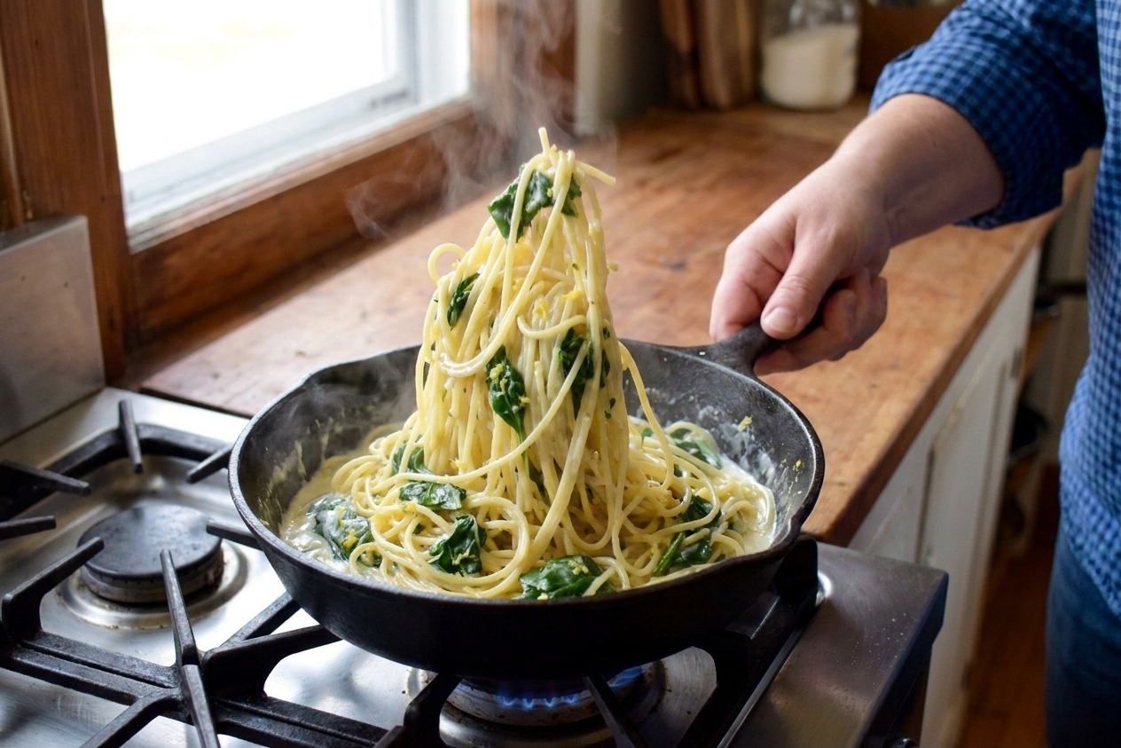 Spaghetti being tossed in a skillet with creamy lemon mascarpone sauce as the noodles turn glossy and coated on a home stove