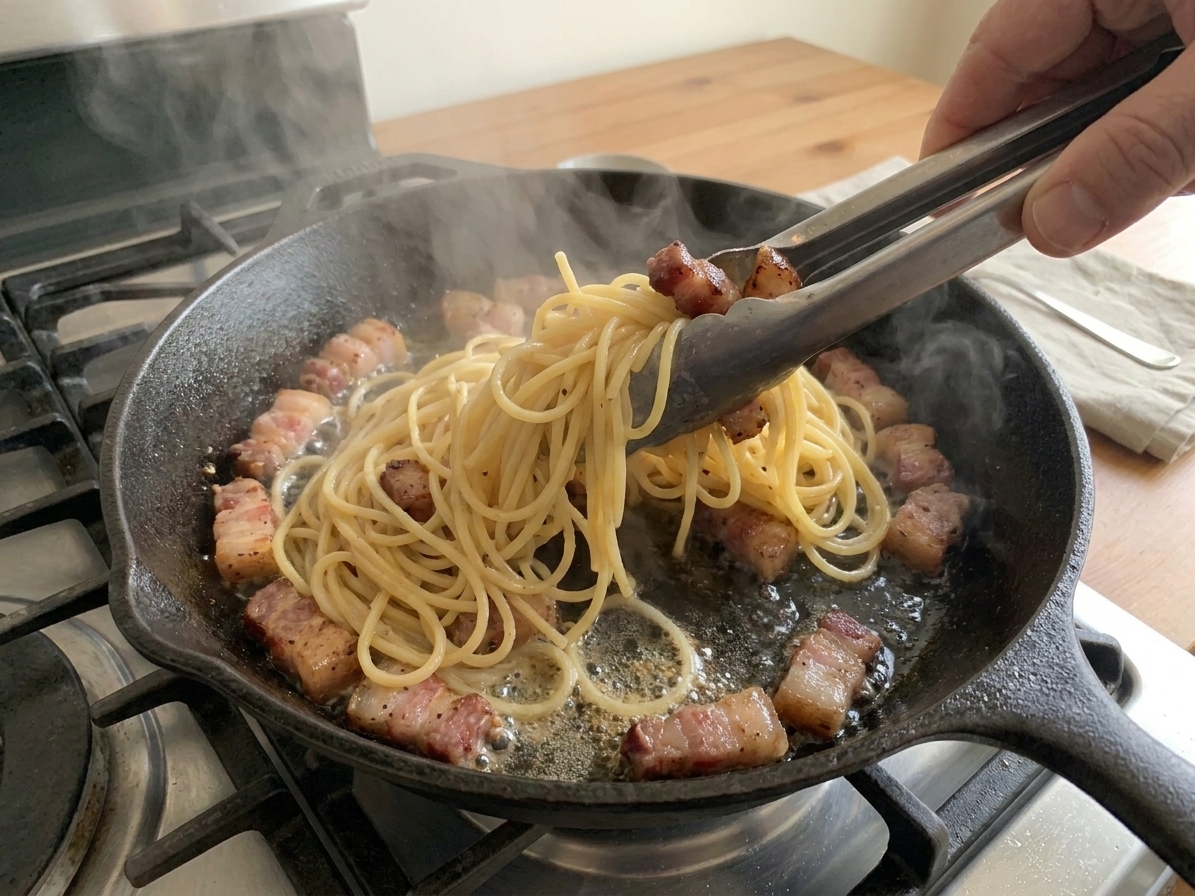 Spaghetti being tossed in a skillet with crisp guanciale and rendered fat using metal tongs, steam rising