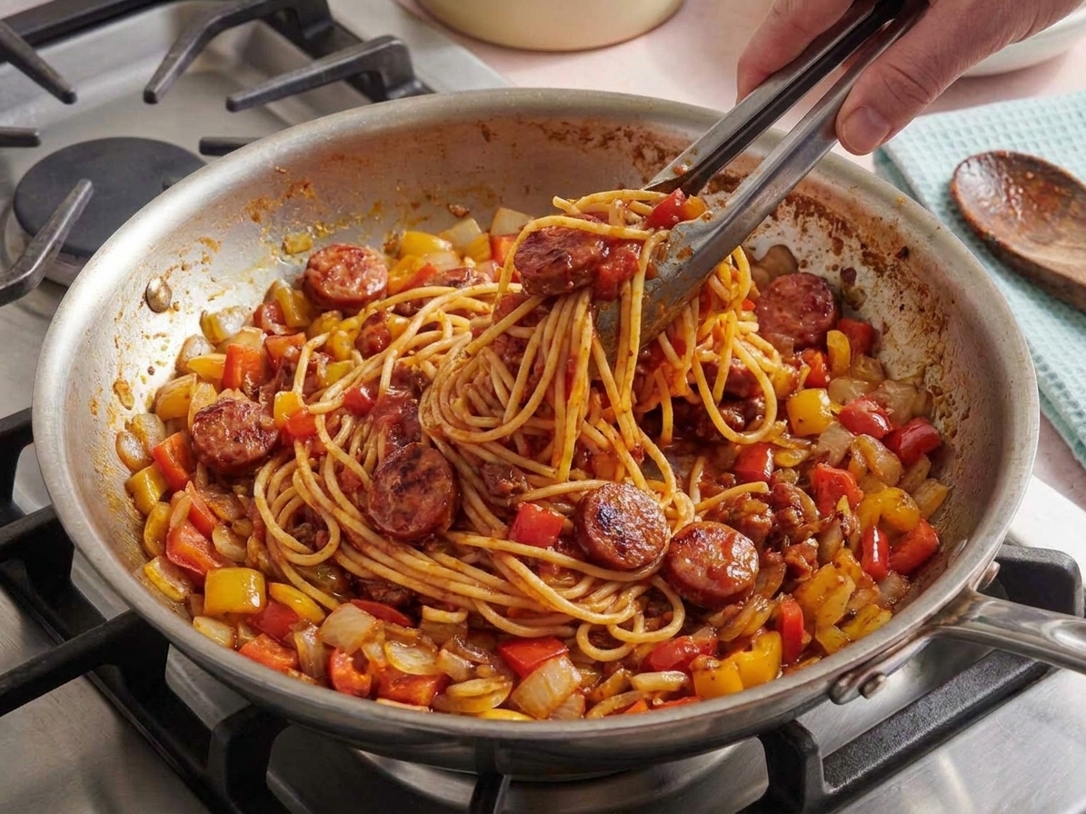 Spaghetti being tossed in a skillet with dirty spaghetti sauce using tongs, showing noodles coated in a thick tomato gravy with sausage and peppers