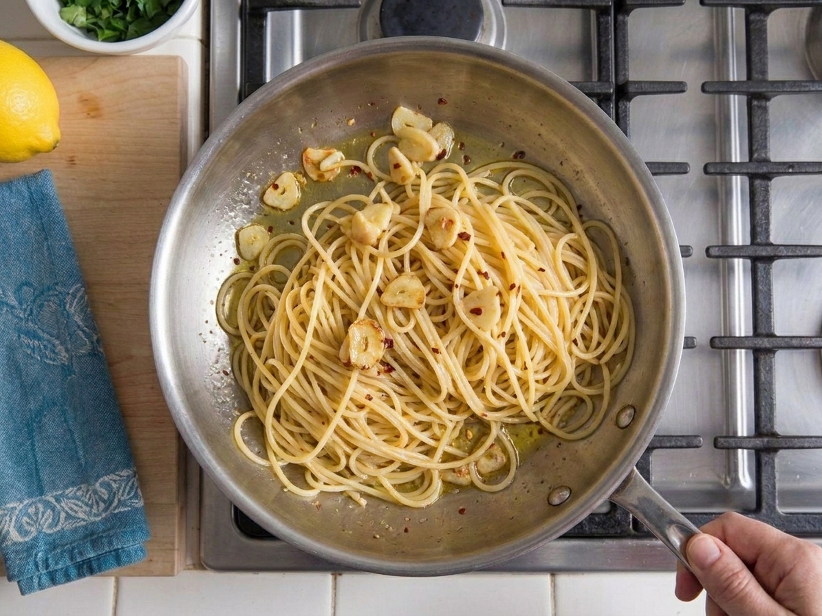 Spaghetti being tossed in a skillet with garlic and chili oil as the sauce turns glossy