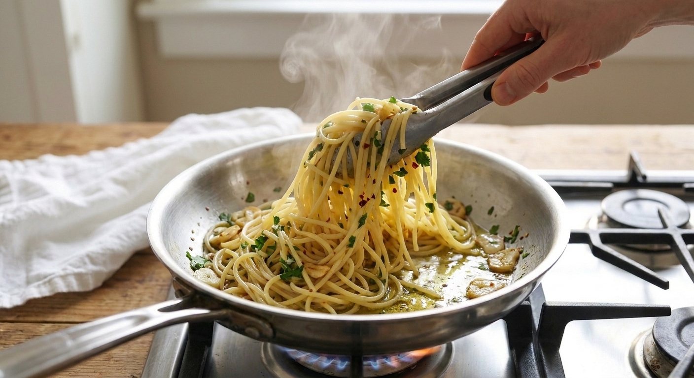 Spaghetti being tossed in a skillet with garlic, parsley, and red pepper flakes on a home stovetop