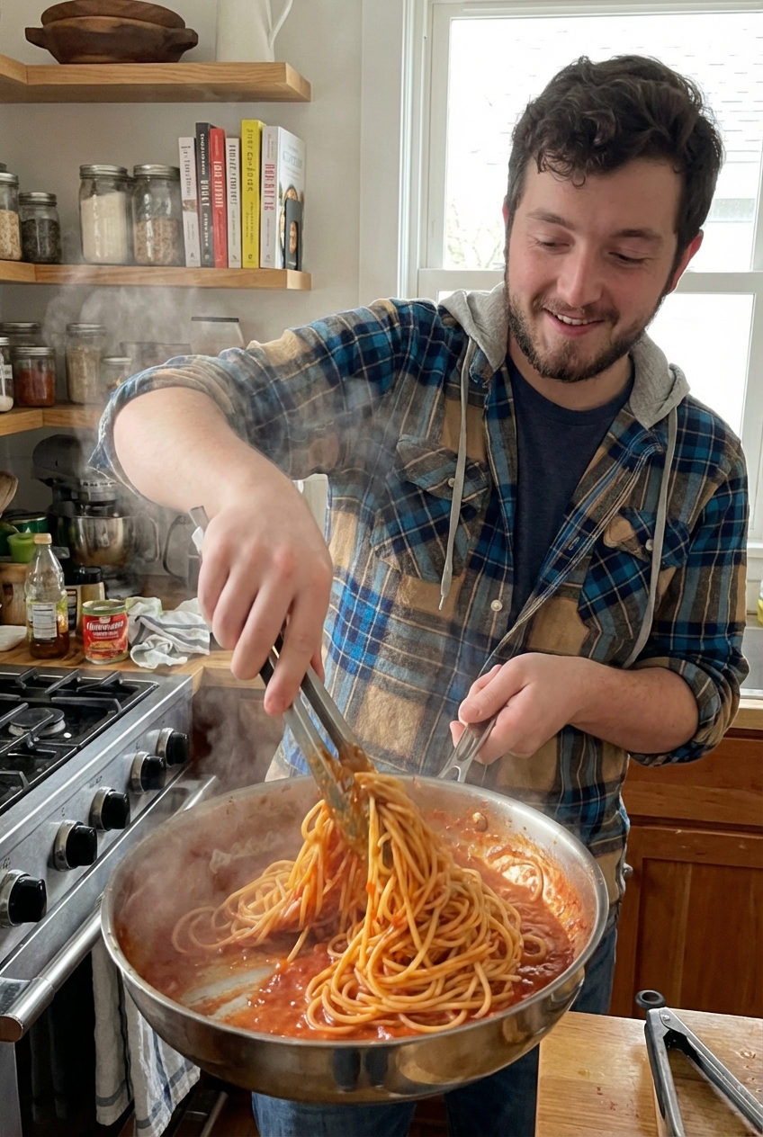 Spaghetti being tossed in a skillet with glossy sauce and tongs, with steam rising