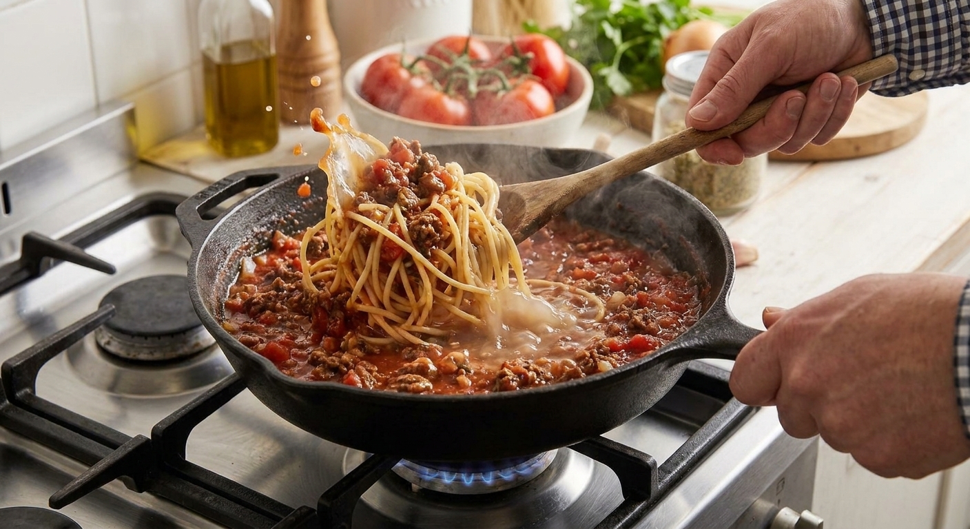 Spaghetti being tossed in a skillet with minced beef tomato sauce and a splash of pasta water