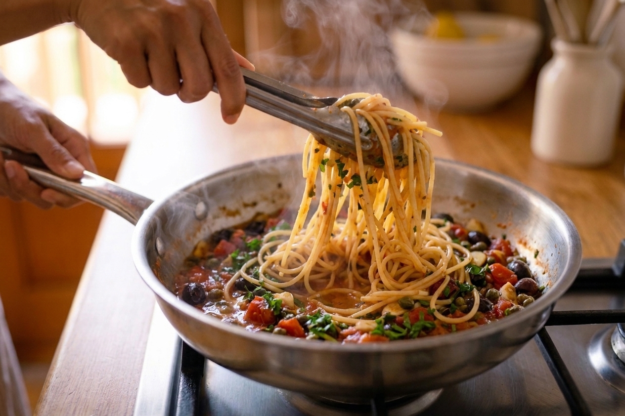 Spaghetti being tossed in a skillet with salsa puttanesca using tongs, with olives and capers visible