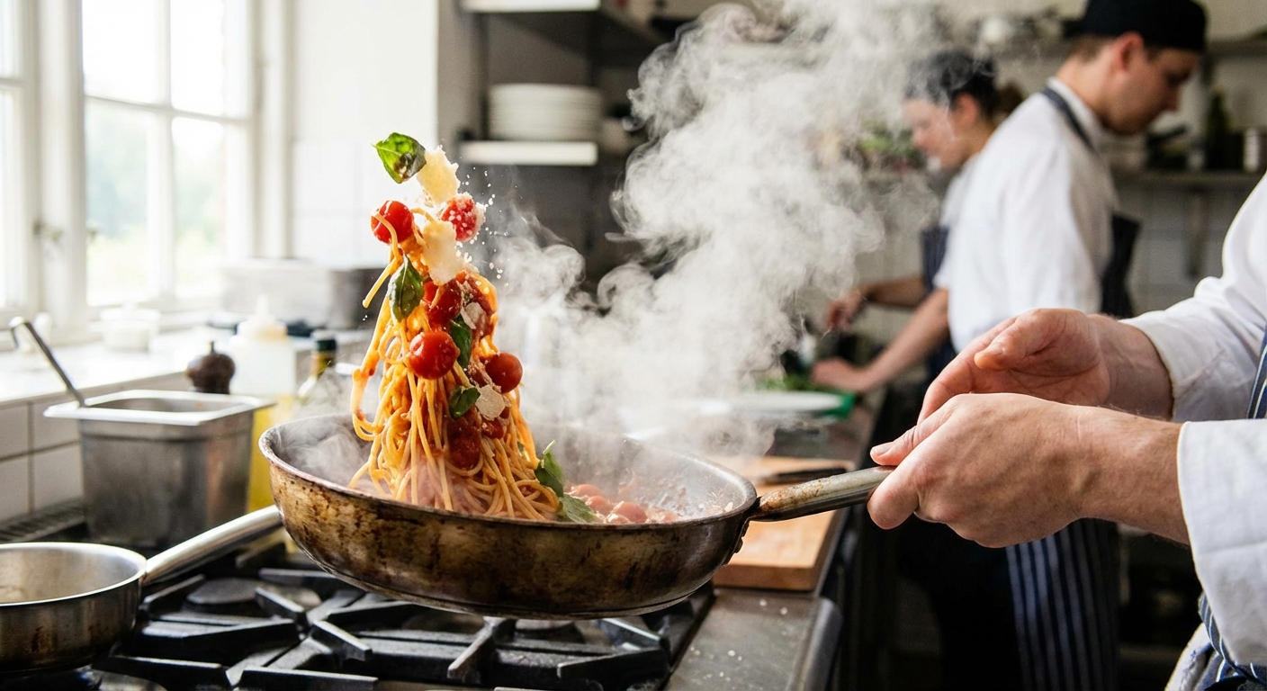 Spaghetti being tossed in a skillet with sauce, with steam rising