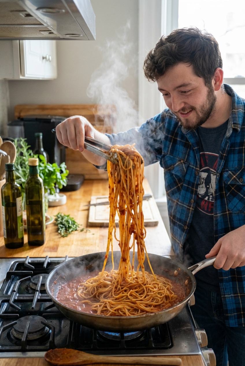 Spaghetti being tossed in a skillet with smoky red sauce using tongs