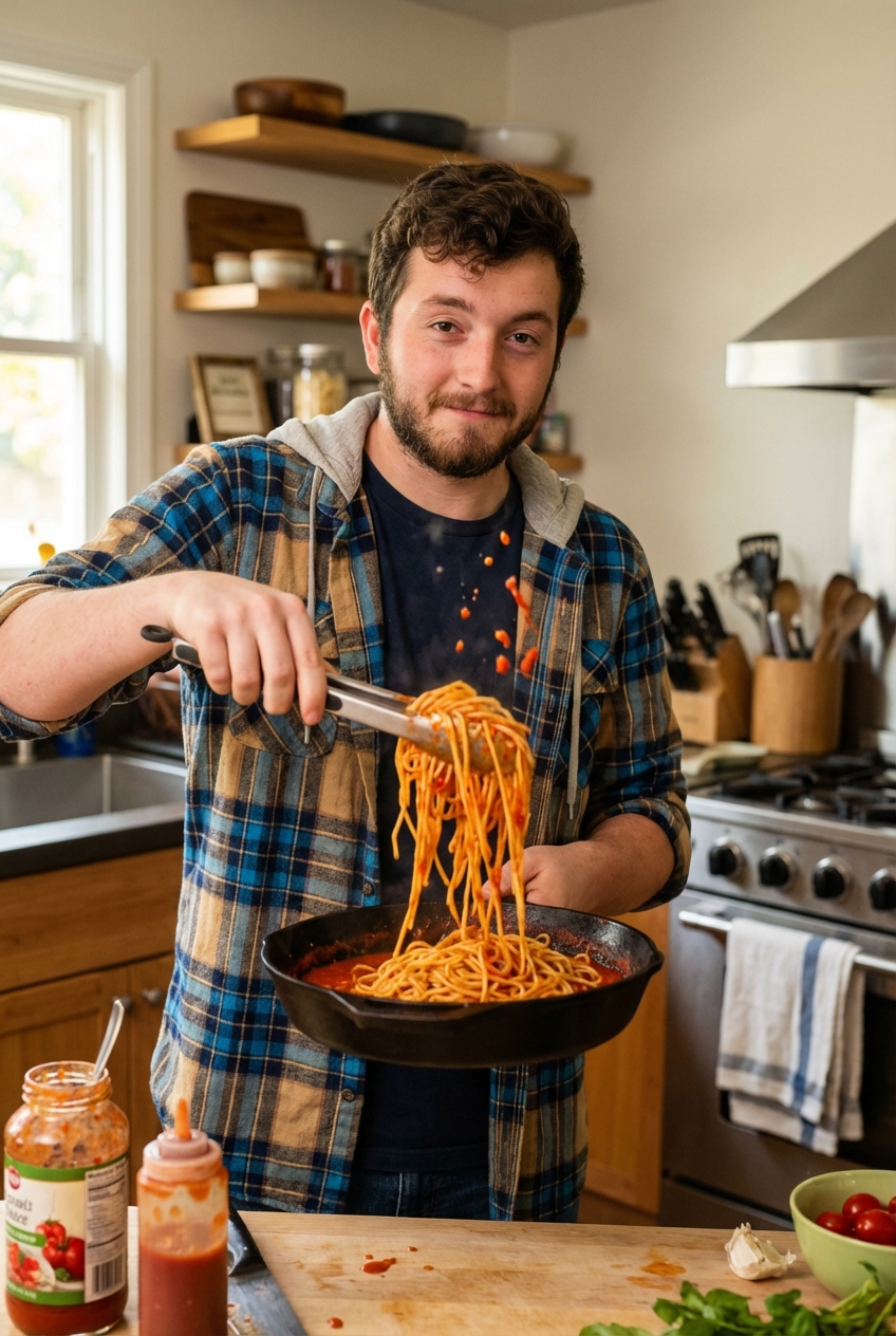 Spaghetti being tossed in a skillet with tomato sauce using tongs