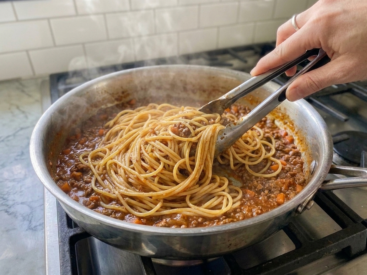 Spaghetti being tossed with bolognese sauce in a wide skillet using tongs, creating a glossy coating