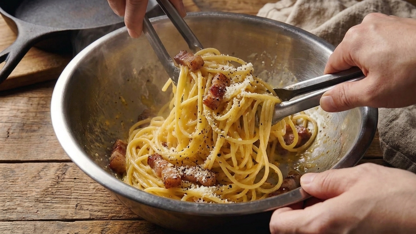 Spaghetti being tossed with egg and cheese mixture as the sauce turns glossy and clings to the noodles