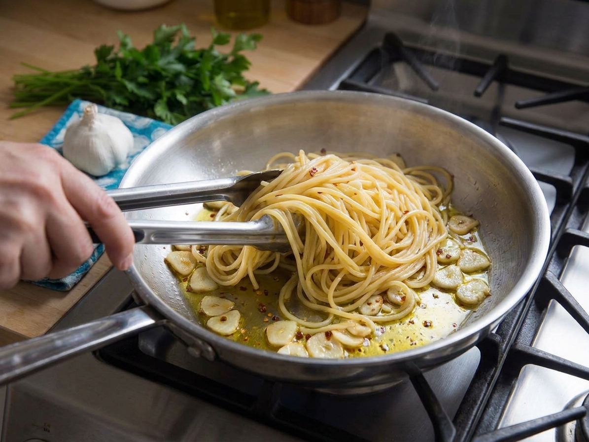 Spaghetti being tossed with tongs in a skillet with sliced garlic and red pepper flakes, glossy sauce coating the noodles on a home stove