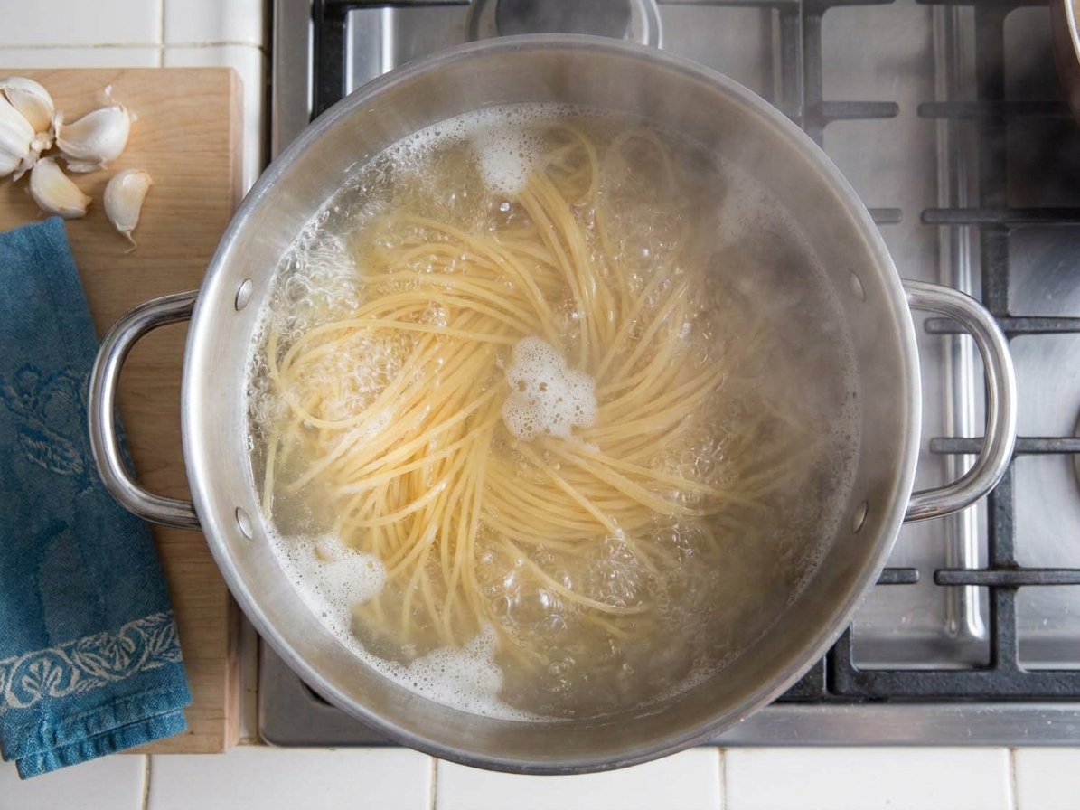 Spaghetti boiling in a large pot of salted water on a stovetop with steam rising