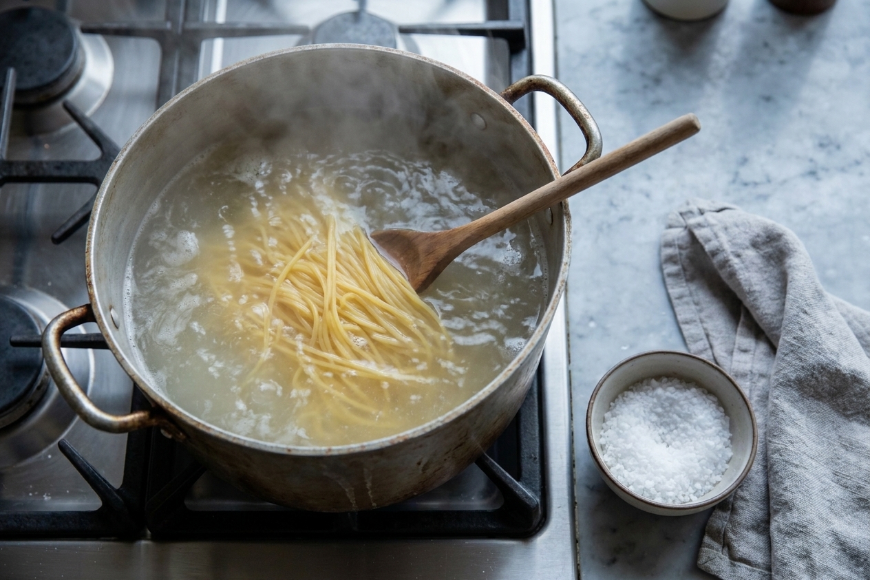 Spaghetti boiling in a large pot of salted water on a stovetop with steam rising