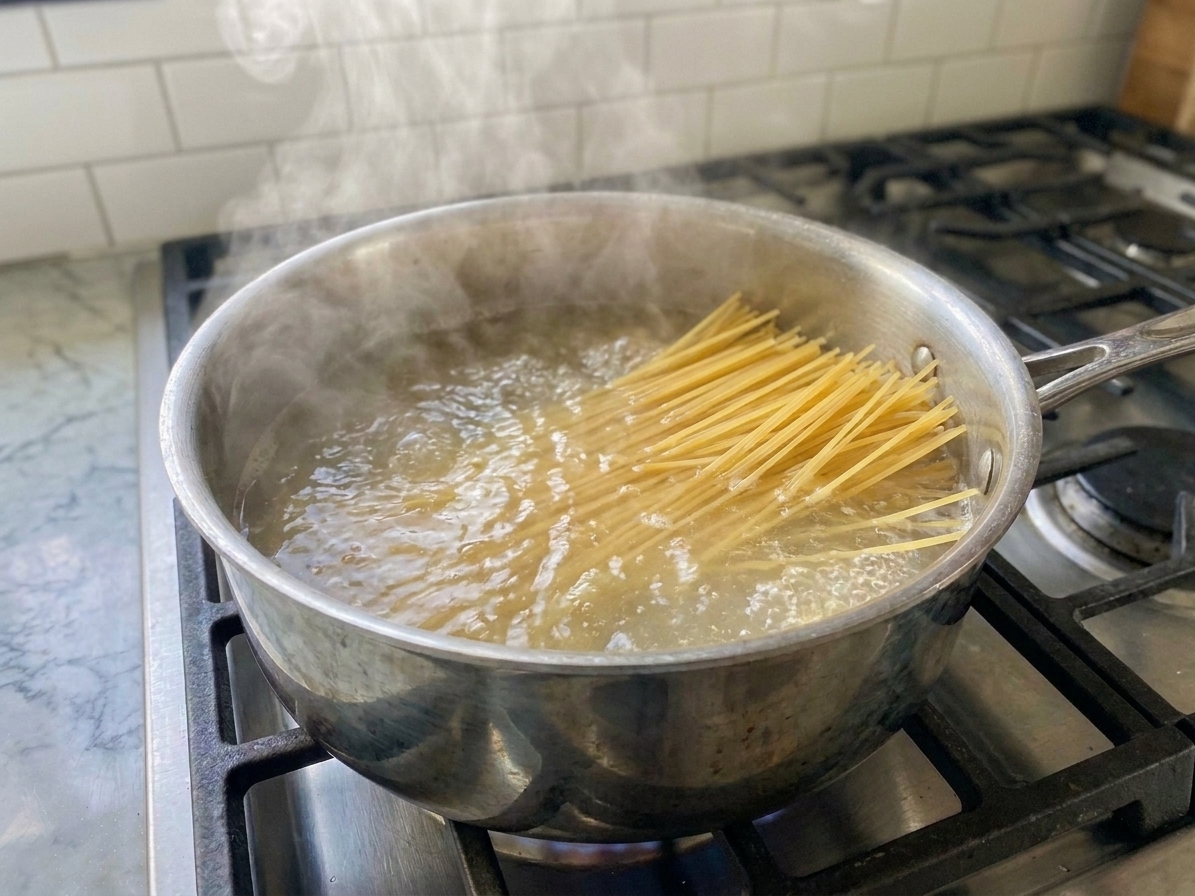 Spaghetti boiling in a large pot of water on a stovetop with steam rising