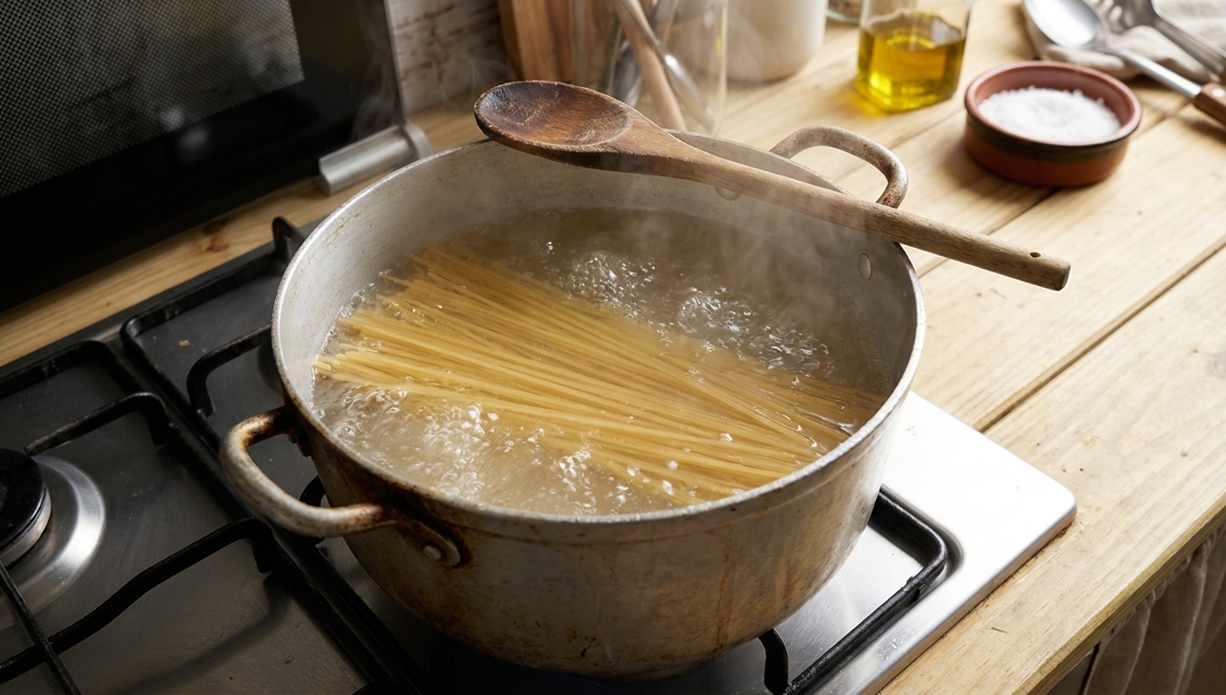 Spaghetti boiling in a large pot on a stovetop with steam rising, a wooden spoon resting on the rim