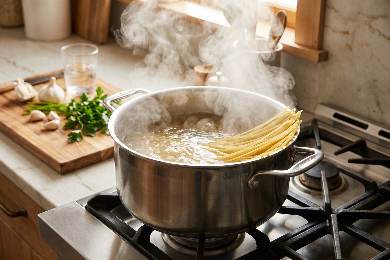 Spaghetti boiling in a large stainless steel pot on a stovetop, steam rising in a bright home kitchen