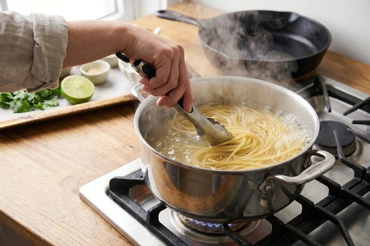 Spaghetti boiling in a large stainless steel pot on a stovetop with steam rising