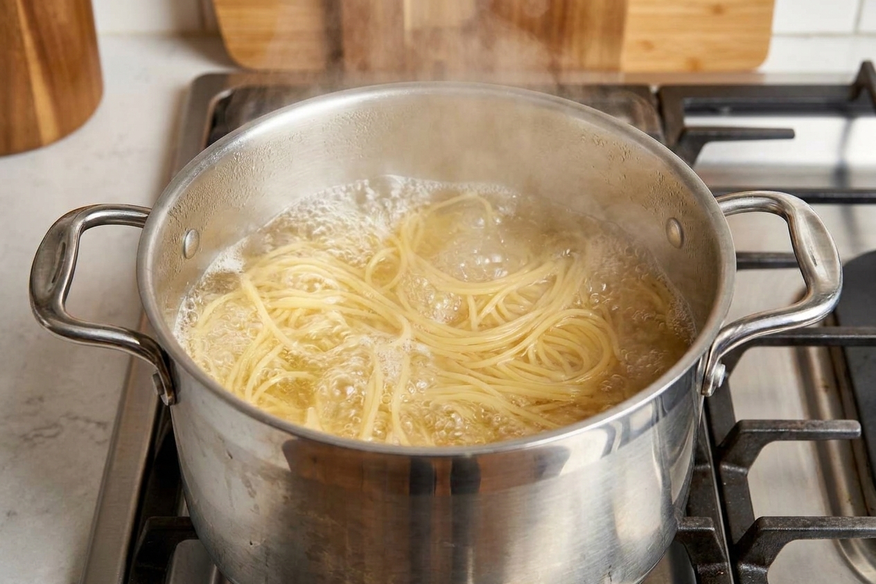 Spaghetti boiling in a large stainless steel pot on a home stove with steam rising