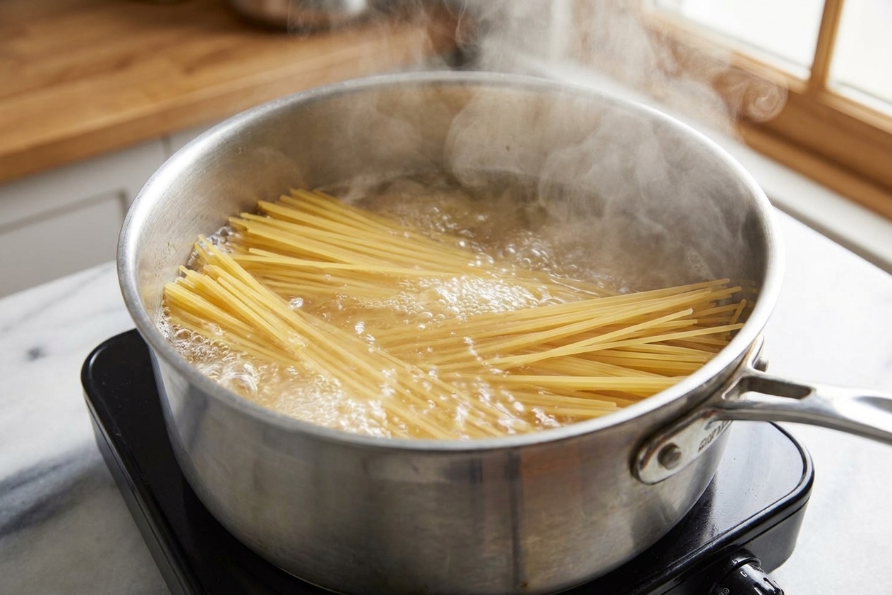 Spaghetti boiling in a large stainless steel pot on a stovetop with bubbling water and steam rising, home kitchen lighting