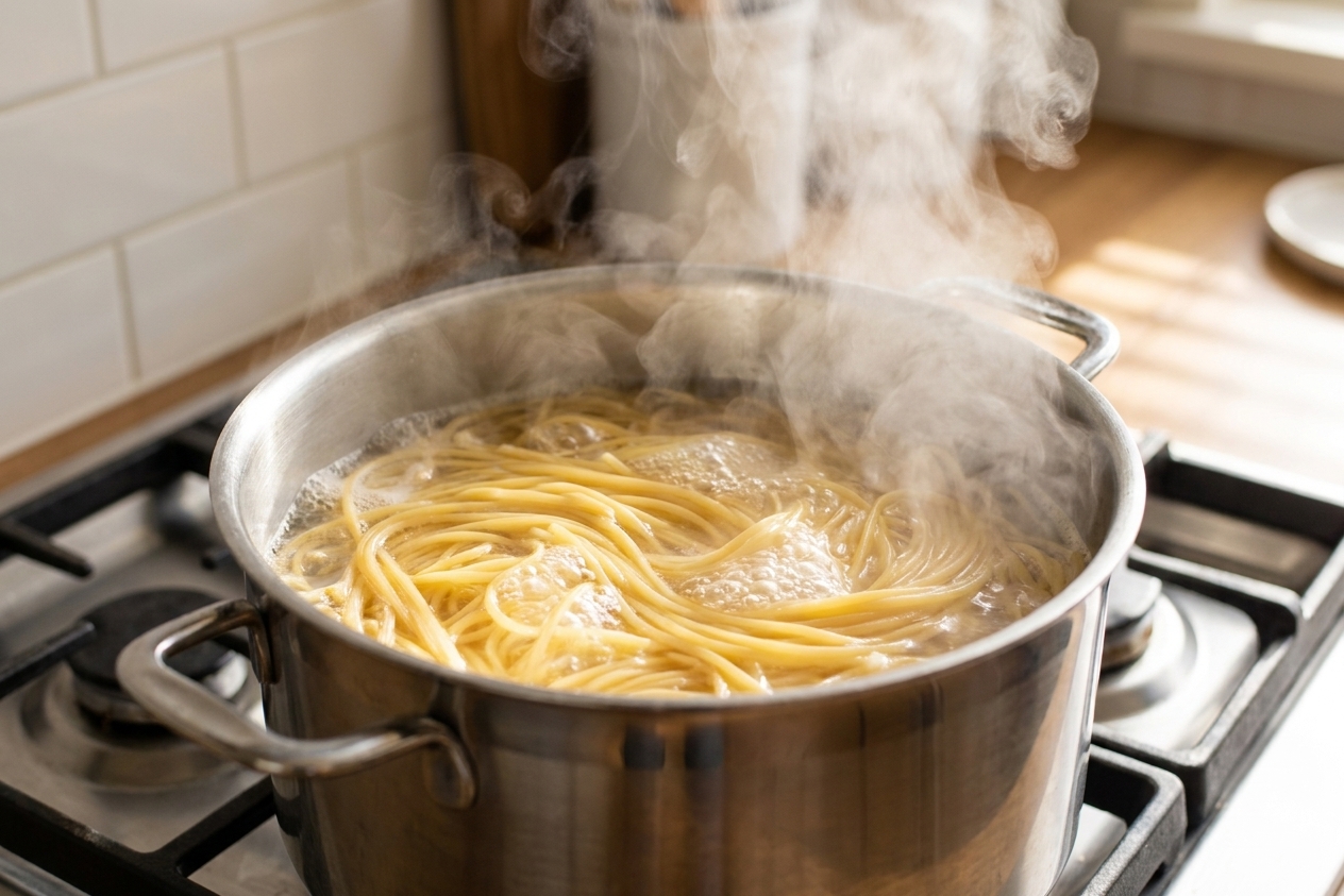 Spaghetti boiling in a large stainless steel pot on a home stove with steam rising under warm kitchen lighting