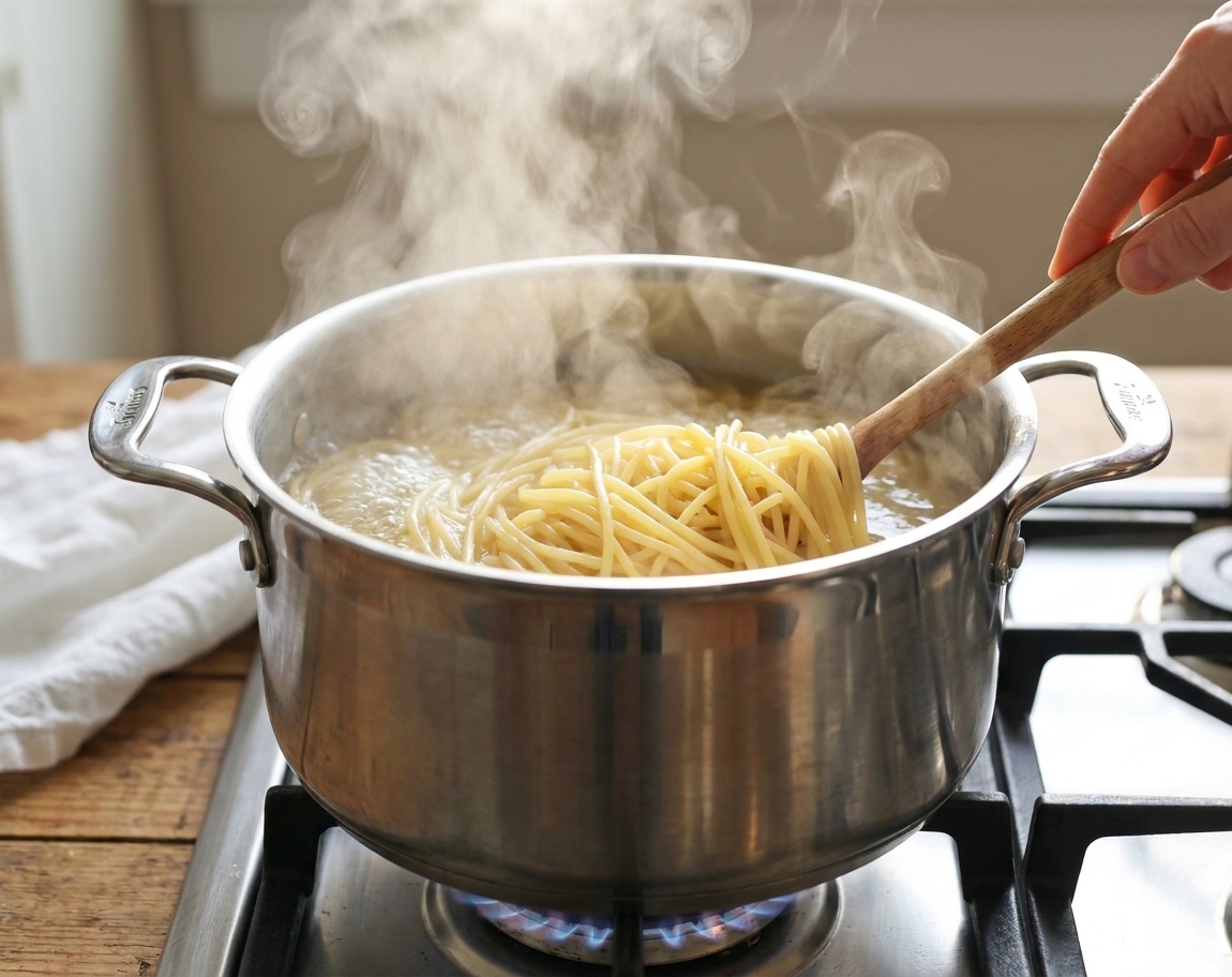 Spaghetti boiling in a large stainless steel pot on a home stove with steam rising