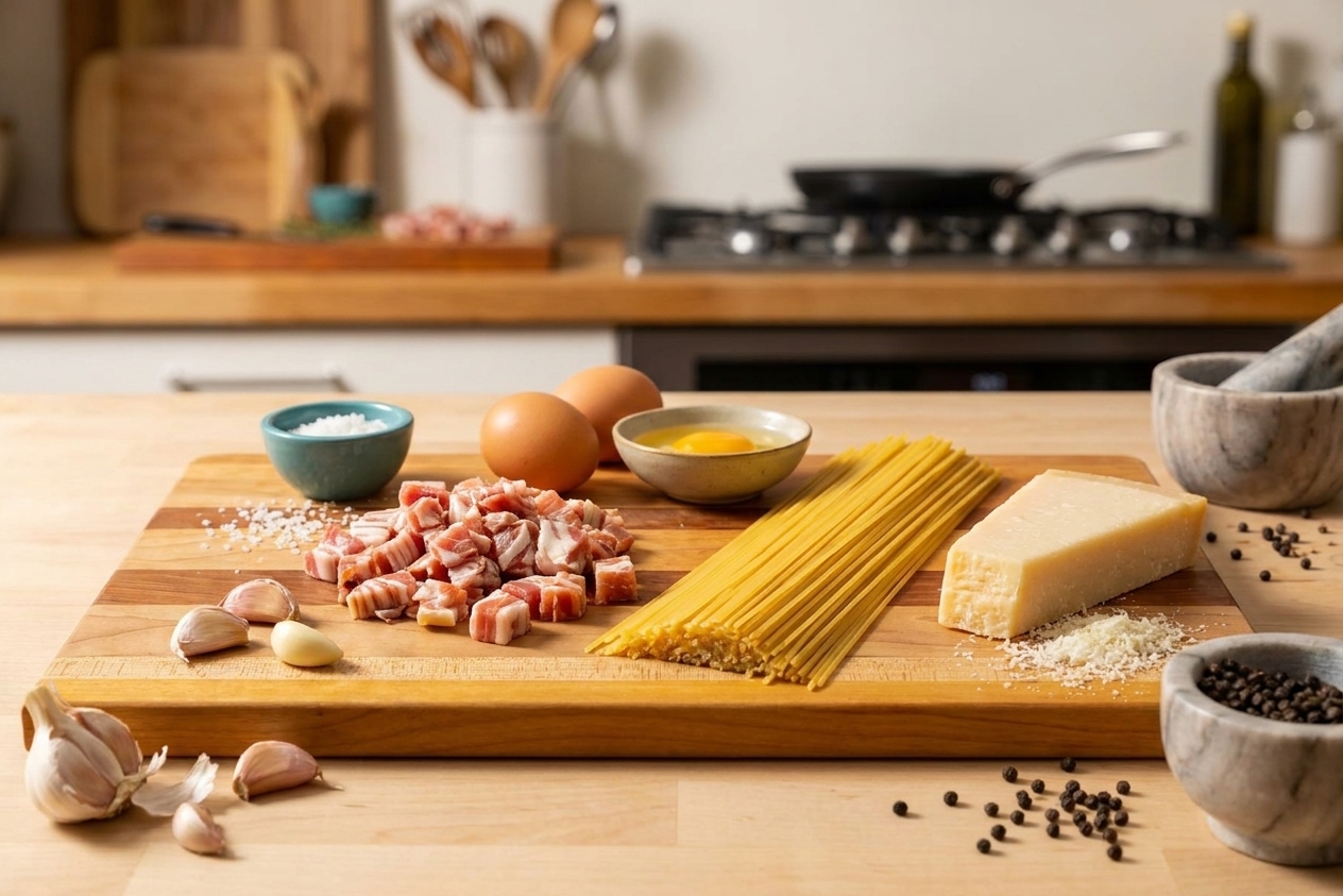 Spaghetti, eggs, Parmesan cheese, pancetta, garlic, black pepper, and salt arranged on a light kitchen counter with a cutting board