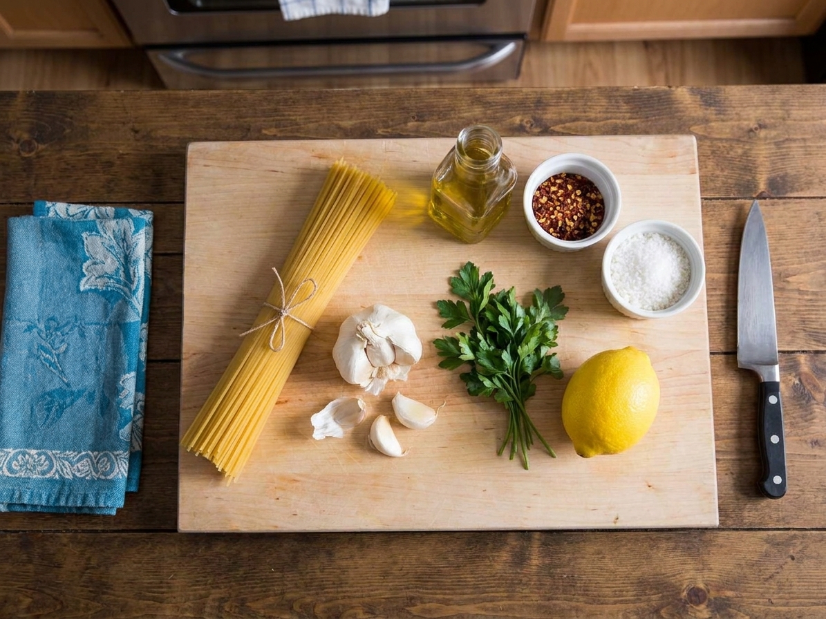 Spaghetti, garlic cloves, fresh parsley, olive oil, red pepper flakes, salt, and a lemon on a tidy kitchen counter with warm natural light