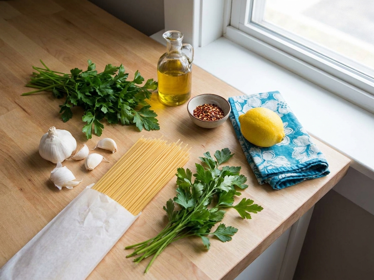 Spaghetti, garlic cloves, parsley, olive oil, red pepper flakes, and a lemon on a clean kitchen counter with soft natural light