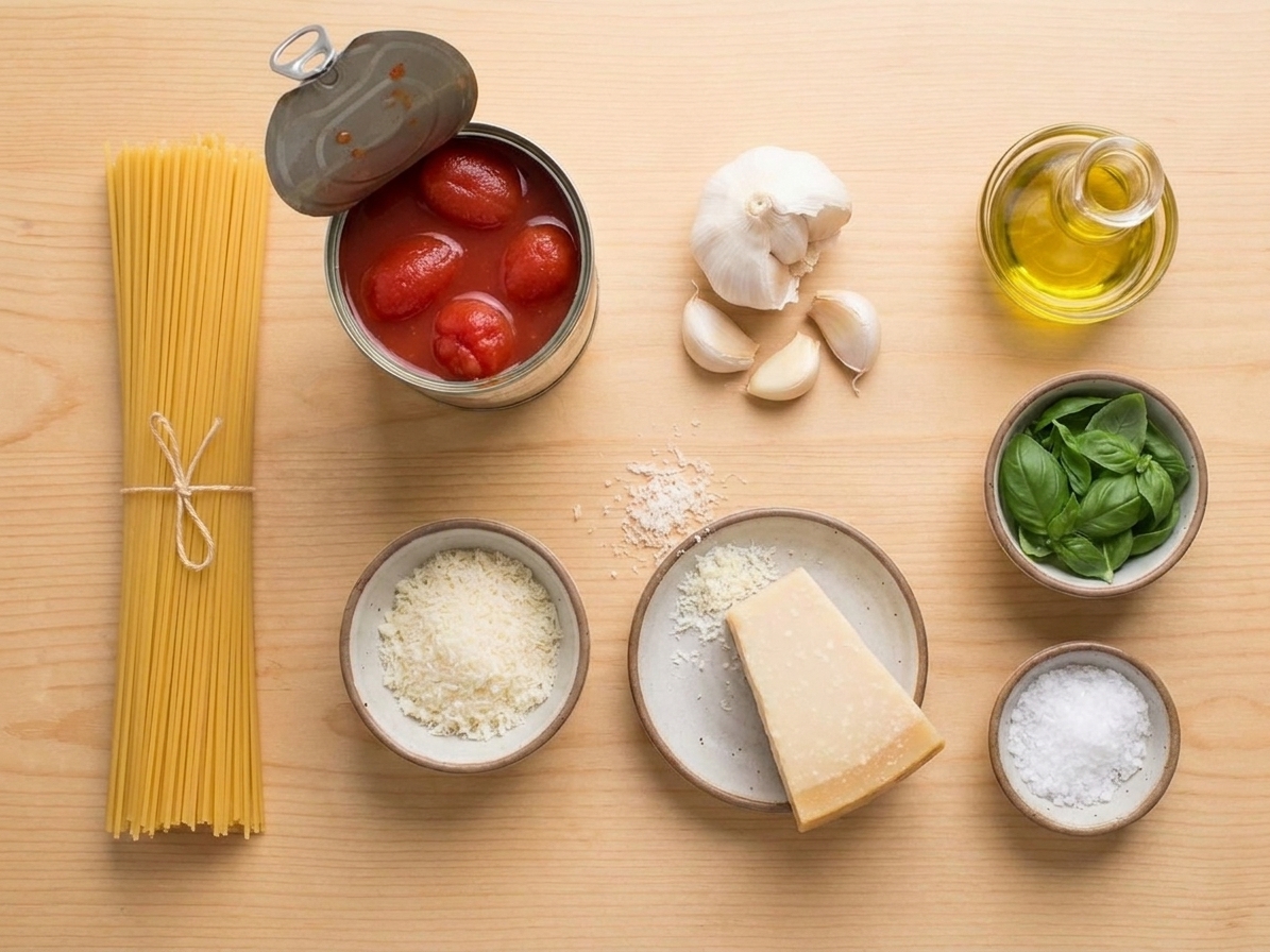 Spaghetti noodles, canned tomatoes, garlic, olive oil, Parmesan, basil, and salt arranged on a bright kitchen counter