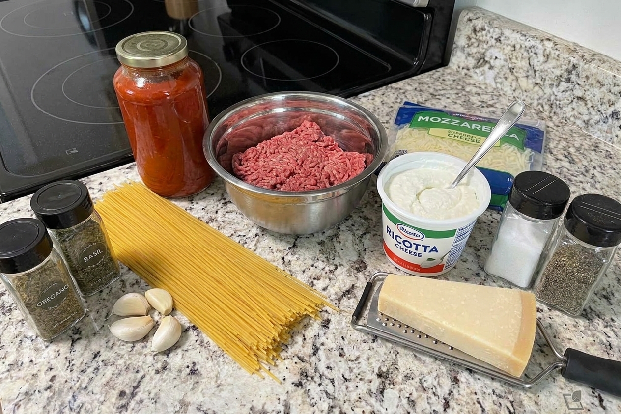 Spaghetti noodles, jarred marinara, ground beef, ricotta, shredded mozzarella, Parmesan, garlic, and seasonings arranged on a bright kitchen counter