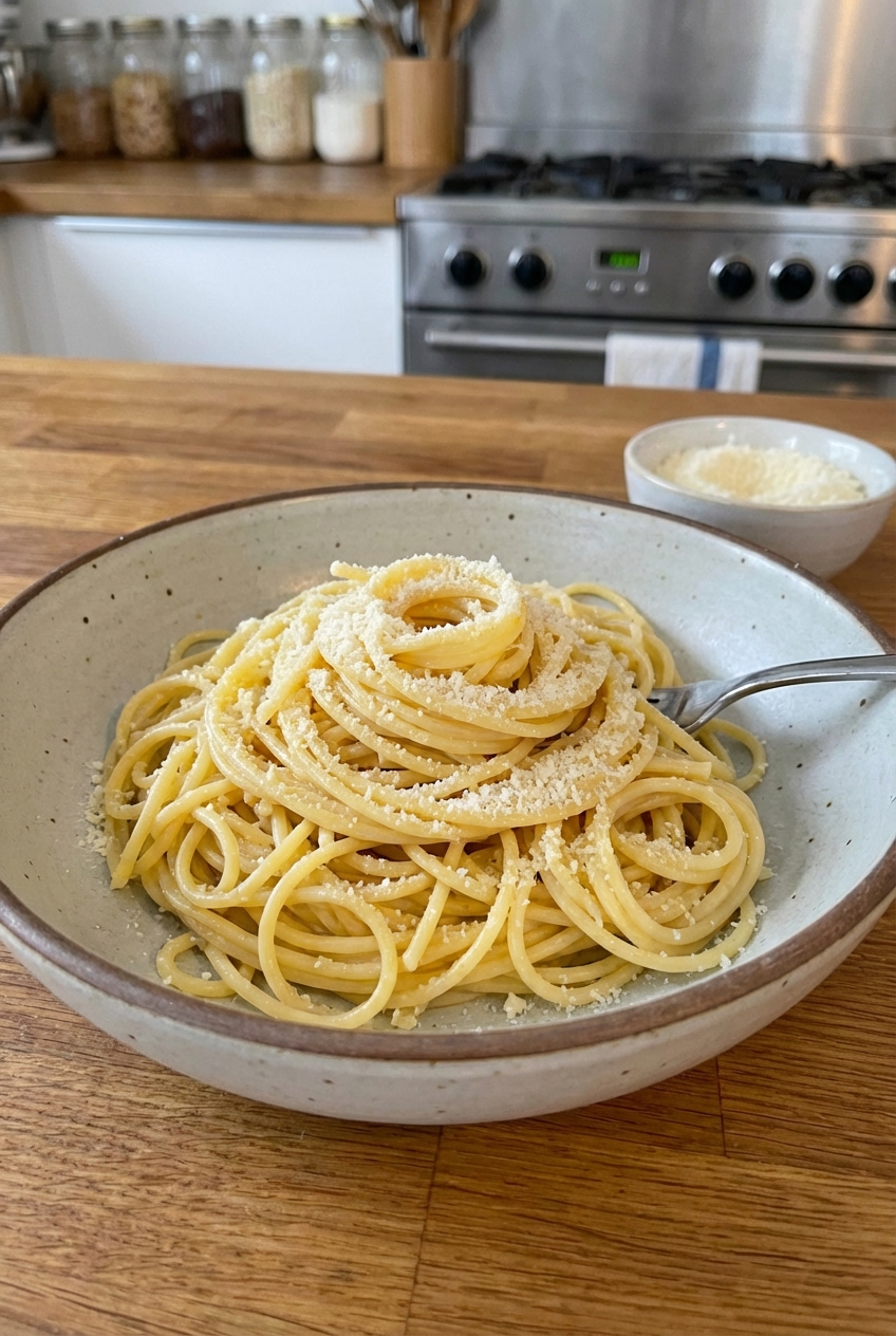 Spaghetti noodles twirled in a bowl with grated Parmesan